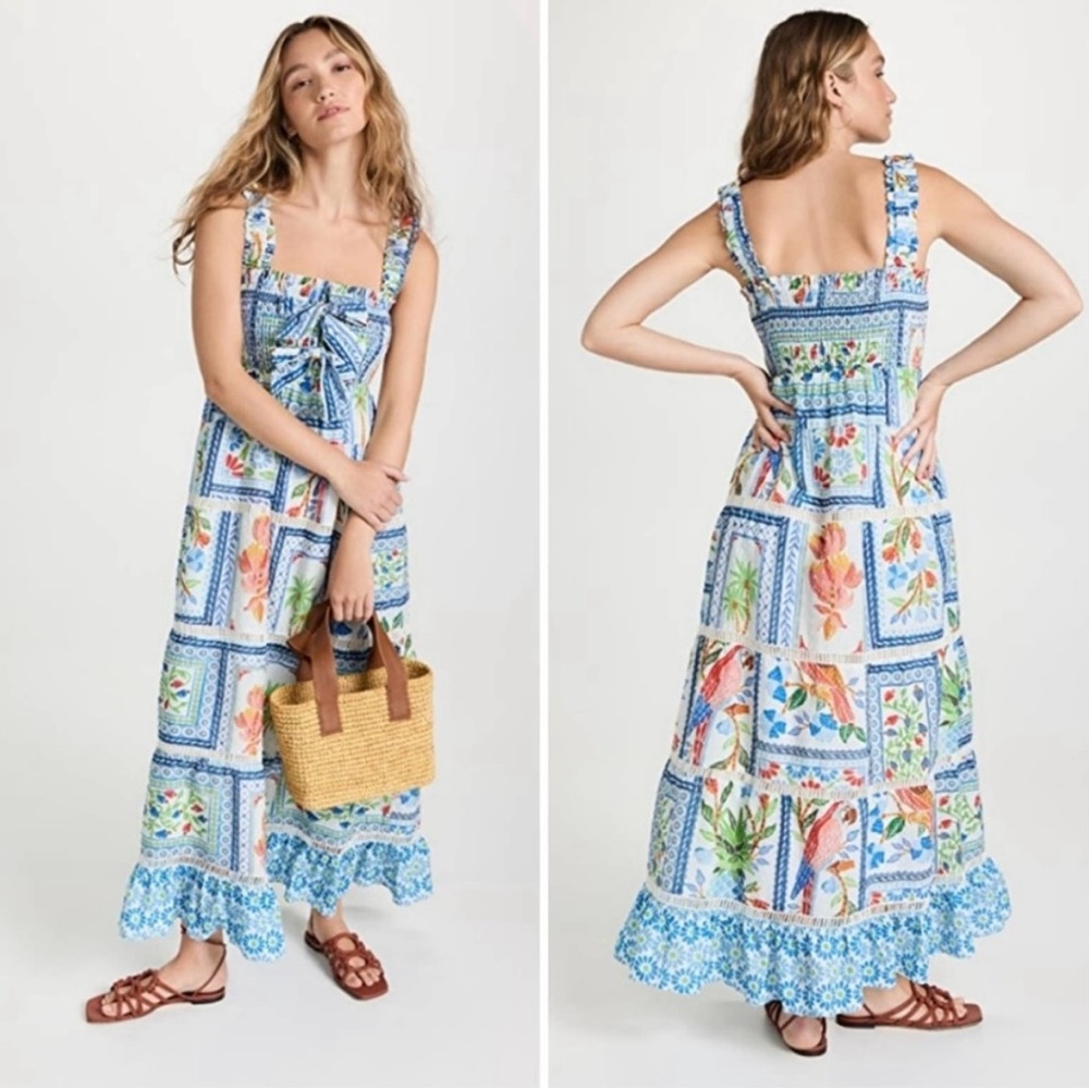 EUC farm rio tropical tiles blue smocked sleeveless maxi dress